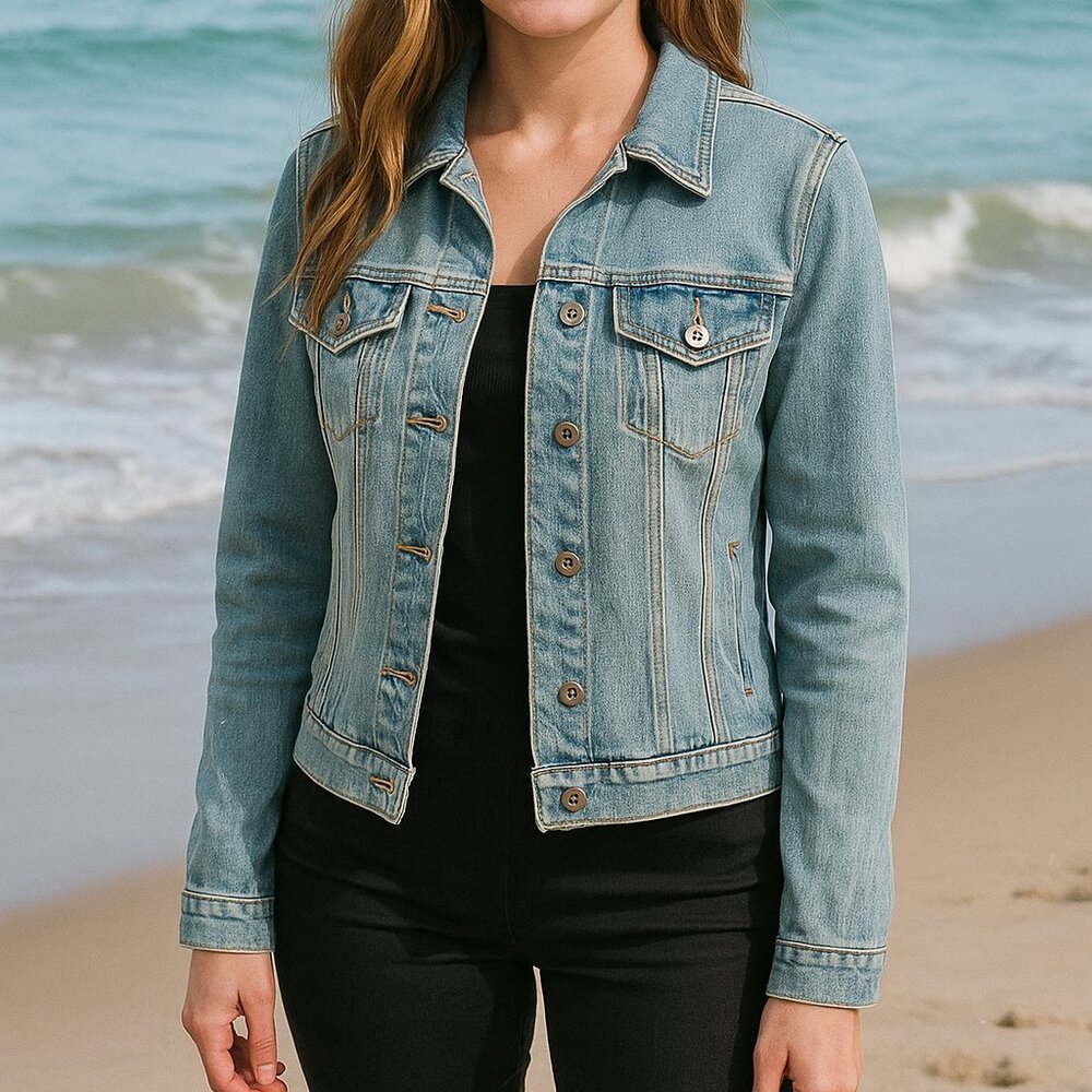 Aeropostale Seriously Stretchy Denim Jacket size Large Light Wash Glitter